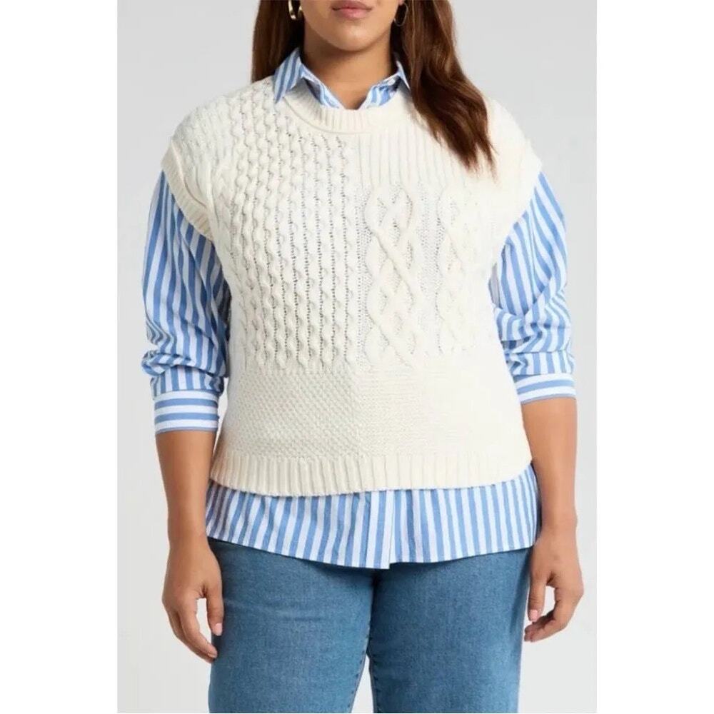 Madewell Cream Patchwork Cable Knit Sweater Vest 1X - Picture 2 of 9